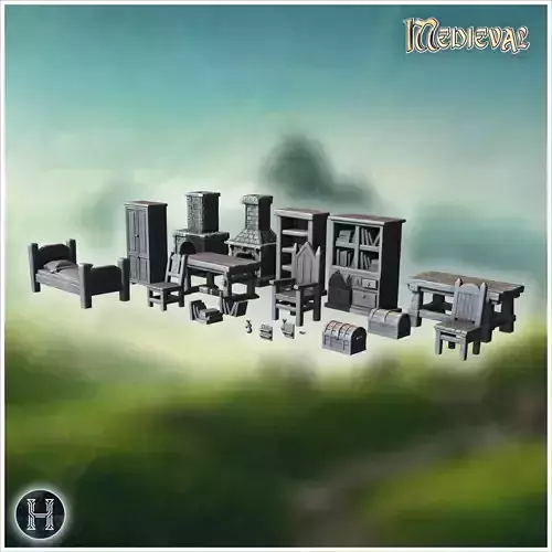 Collection of rustic medieval furniture including beds bookshelv