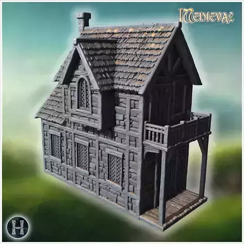 Half-timbered medieval house with chimney arched windows wooden 