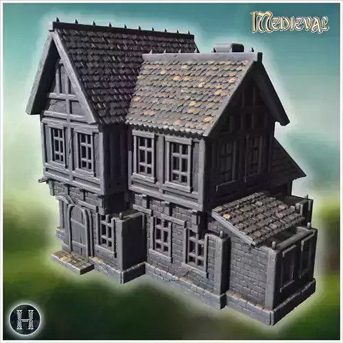 Large medieval townhouse featuring multiple roof styles framed w