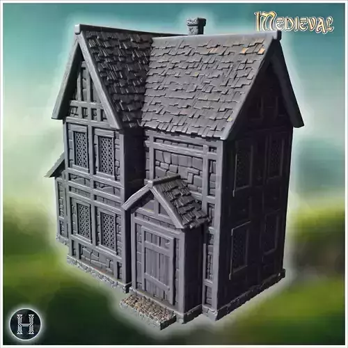 Tall medieval home with high-pitched roof latticed windows stone