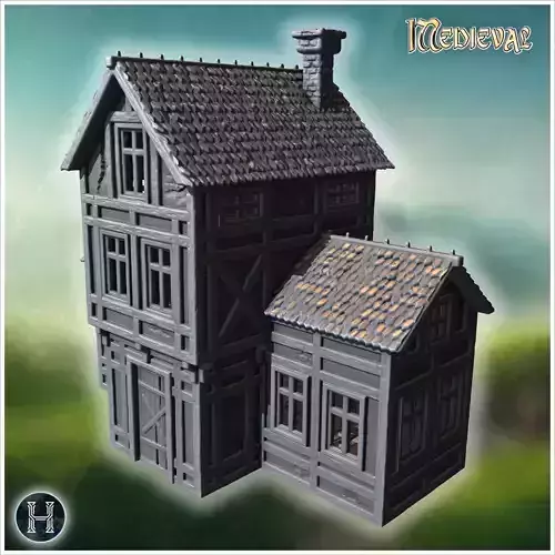 Narrow half-timbered house with adjoining side extension wooden 