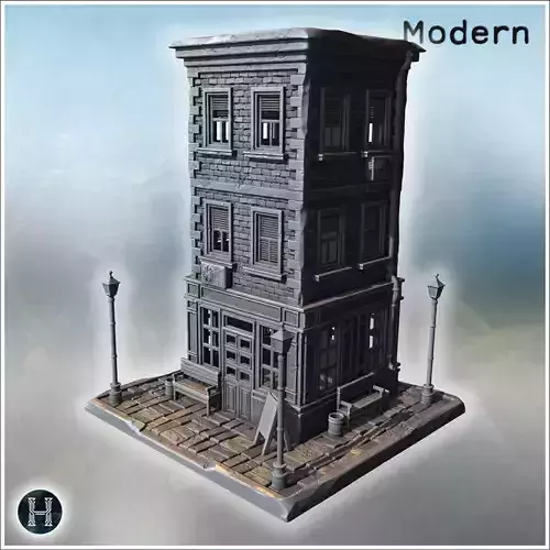 Three-story brick building with shuttered windows detailed entra