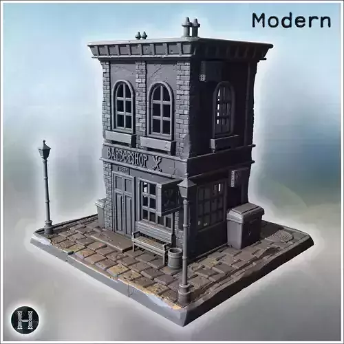 Barbershop with arched windows brick walls rooftop details and s