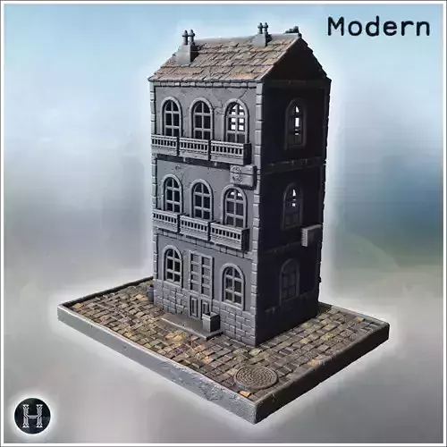 Elegant brick building with arched windows balconies rooftop chi