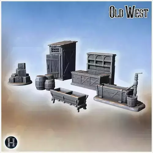 Collection of farm tools and items including crates barrels pump