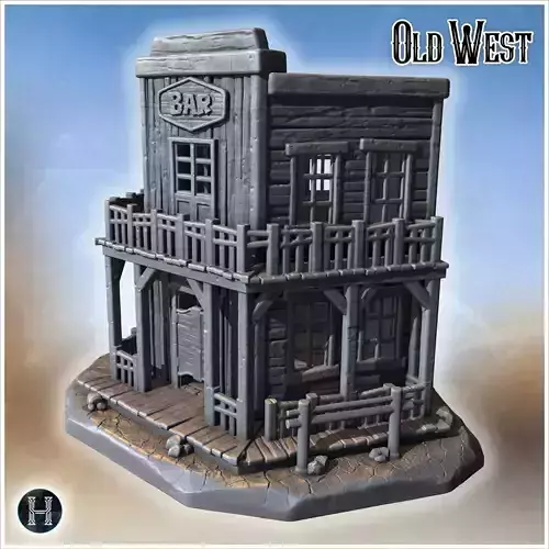 Old saloon building Bar with front porch balcony windows and woo