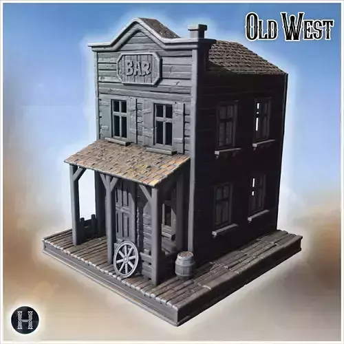 Two-story wooden bar with porch wagon wheel barrel and tiled roo