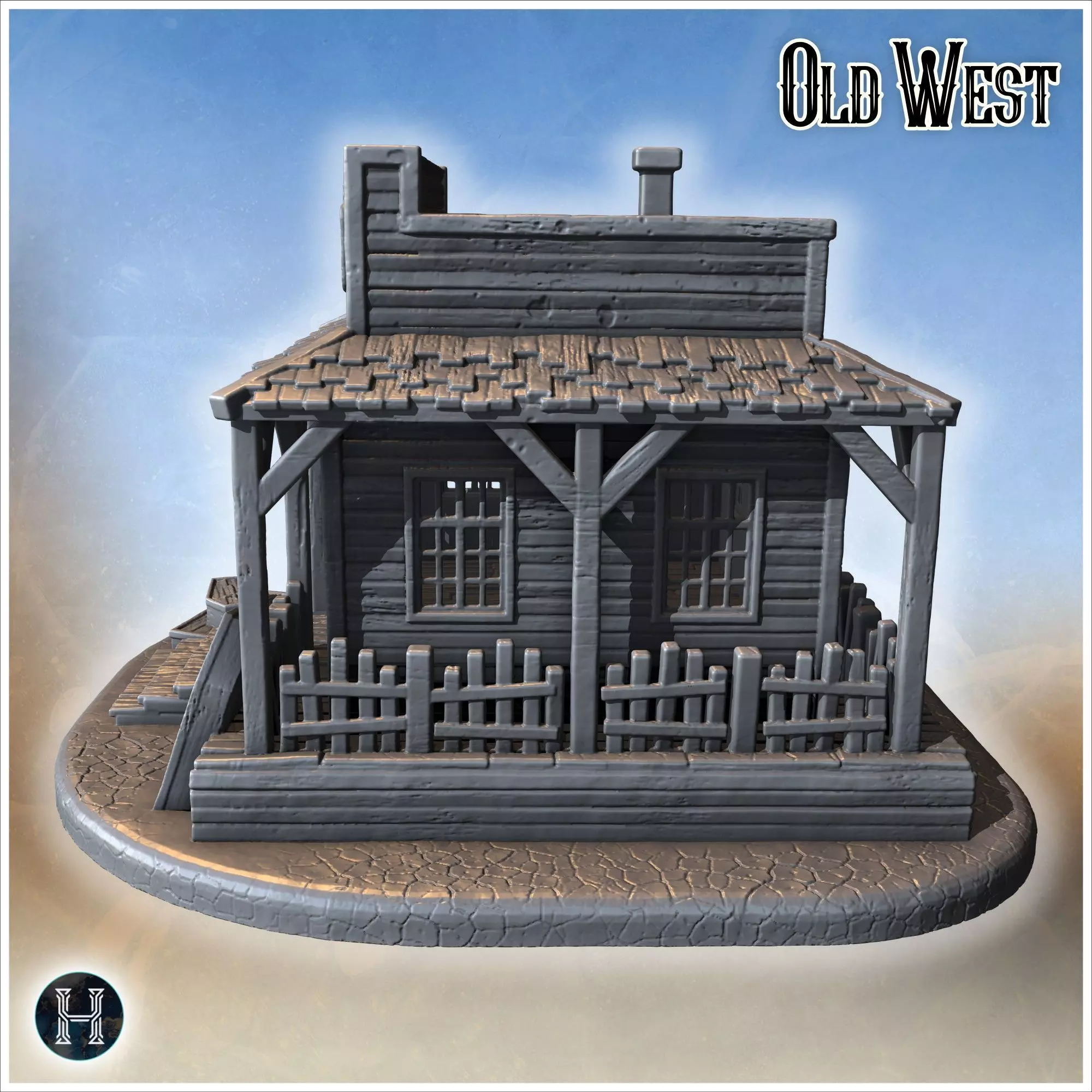 Funeral home with wooden coffins porch columns picket fence and 3D print model_3