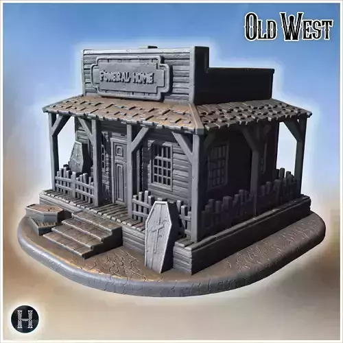 Funeral home with wooden coffins porch columns picket fence and 3D print model Funeral home with wooden coffins porch columns picket fence and 3D print model