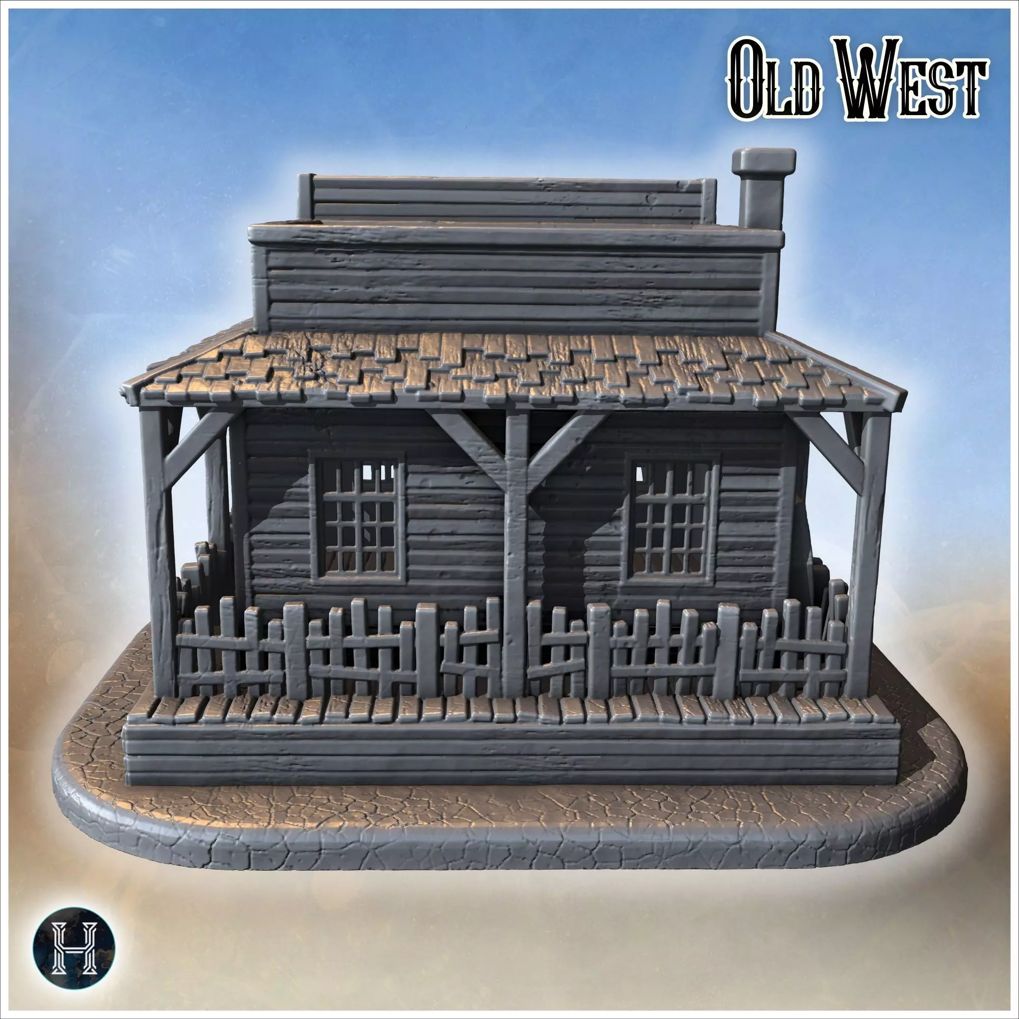 Funeral home with wooden coffins porch columns picket fence and 3D print model_10