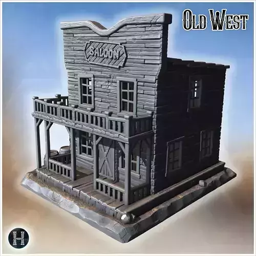 Traditional saloon with double balcony wooden railings swinging 