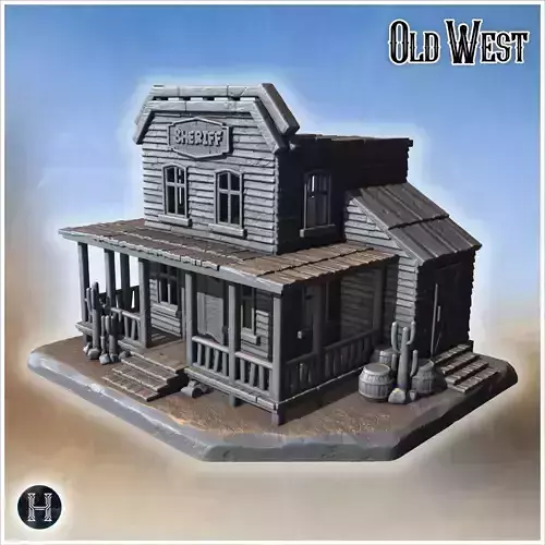 Sheriffs office with side extension porch fencing wooden barrels