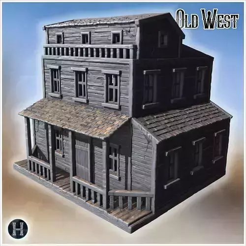 Wooden house with upper balconies rear annex and wooden staircas