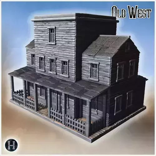 Large wooden building with central tower multiple windows and fe