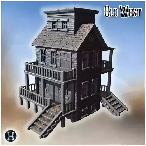 Two-story house with wooden balconies double staircases and look