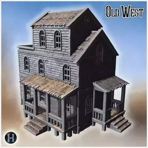 Large wooden house with weathered planks arched windows and dual