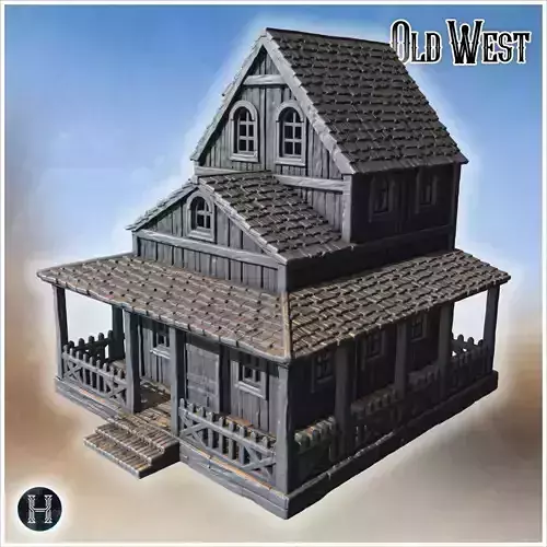Wooden house with upper dormers wrap-around porch and decorative