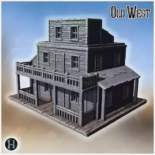 Wooden saloon-style building with large upper balcony tin side r