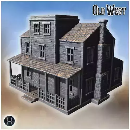 Wooden house with central flat facade stone chimney and fenced f