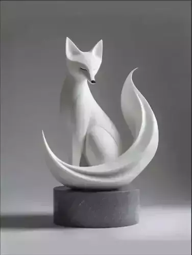 Minimalist White Fox Sculpture Serene Animal Flowing Tail 3D