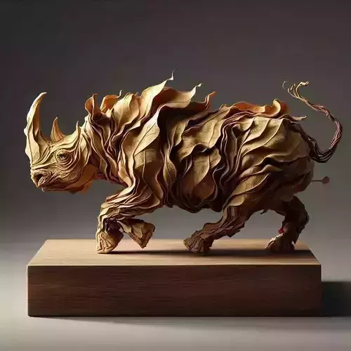 Leaf Rhino Sculpture Organic Animal Form Textured Foliage 3D