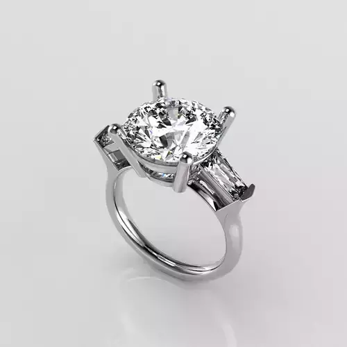 Classic Three Stone Ring - 6 ct Round shape - Tapered Baguettes