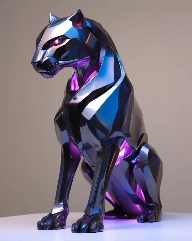 Neon Panther Sculpture Glossy Metallic Cat Purple Accents 3D Low-poly 3D model_0