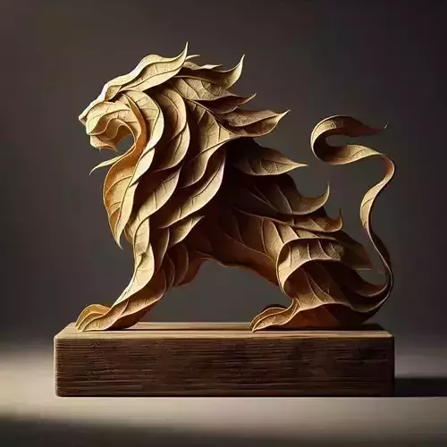 Leaf Lion Sculpture Organic Animal FormTextured Foliage 3D