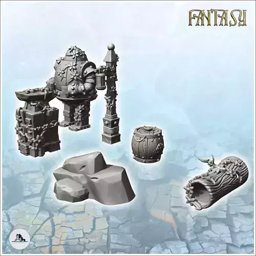 Set of fantastic outdoor accessories with humanoid totem and lan