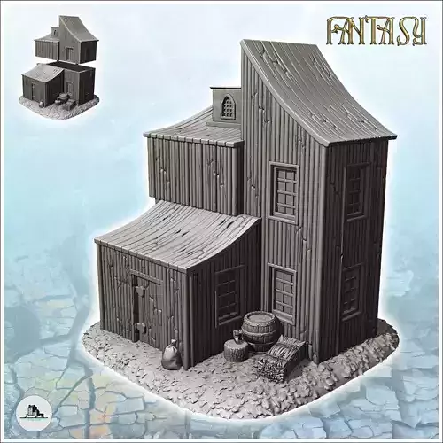 Wooden building with multiple curved roofs and exterior accessor