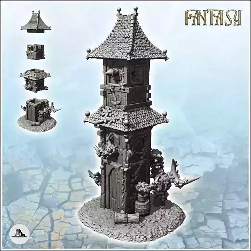 Large medieval tower with multiple tiled roofs and plant-covered