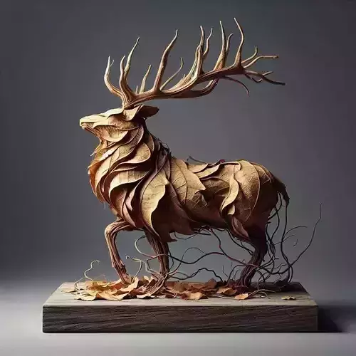 Leaf Stag Sculpture Organic Animal Form Textured Foliage 3D