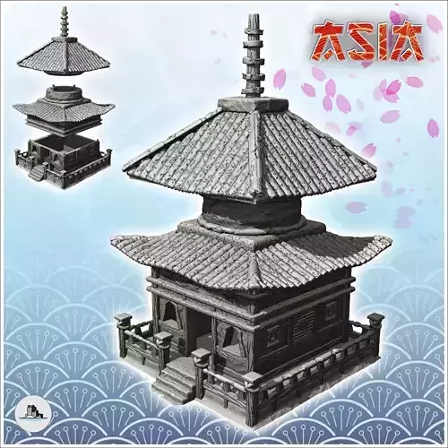 Eastern pagoda with access staircase curved double roof and spik