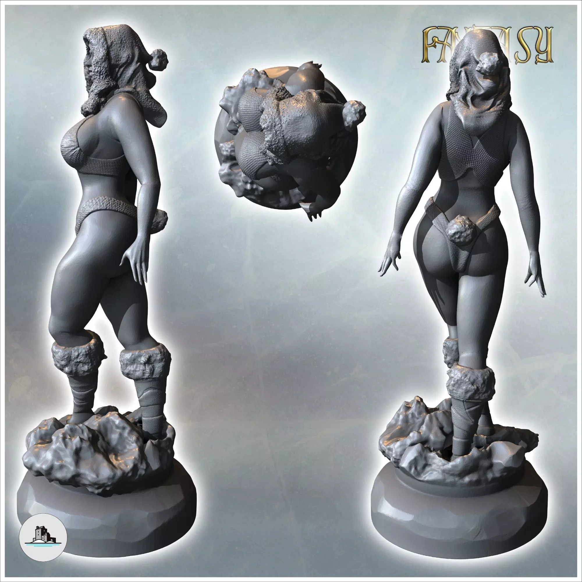 Woman with furry shoes and Christmas hat on her head version wit 3D print model_3