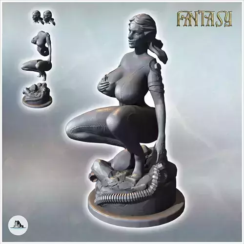 Woman crouching on a rock with long hair normal and cyborg versi