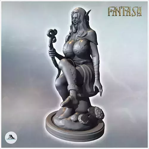 Female creature sitting on a rock with a magic staff and a hood 