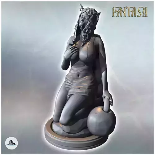 Female creature crouching on a rock with long hair and antennae 