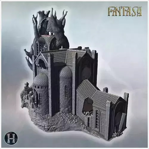 Gothic cathedral ruin with domed towers large tree roots intertw