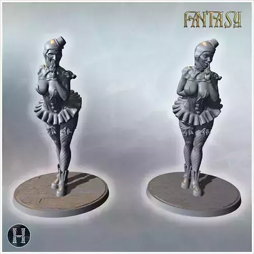 Duo of playful clown women with detailed corset ruffled skirt an