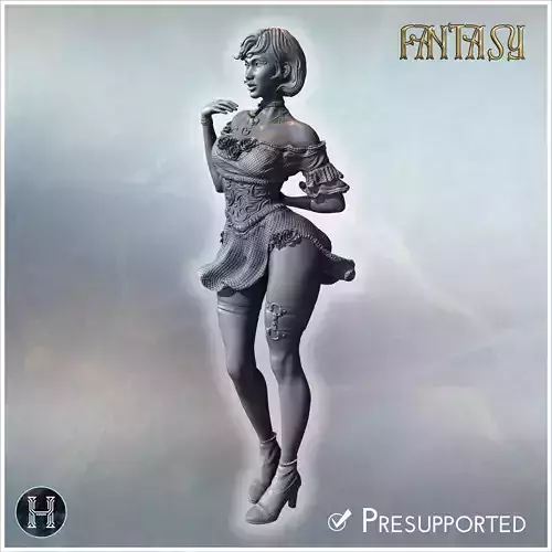 Elegant female in a detailed floral dress wearing high heels pos