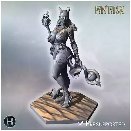 Succubus with horns and flowing hair holding a flame standing on