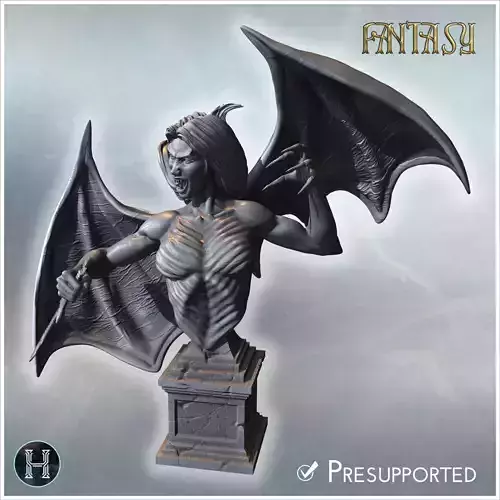 Bat-winged vampire woman with talons spread wings and fierce exp