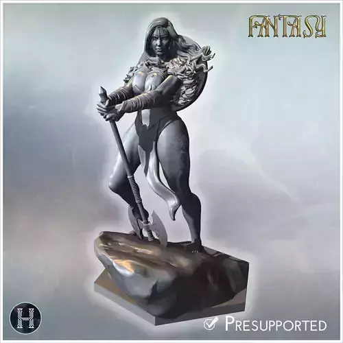 Female warrior posing with a large axe armor details and shield 