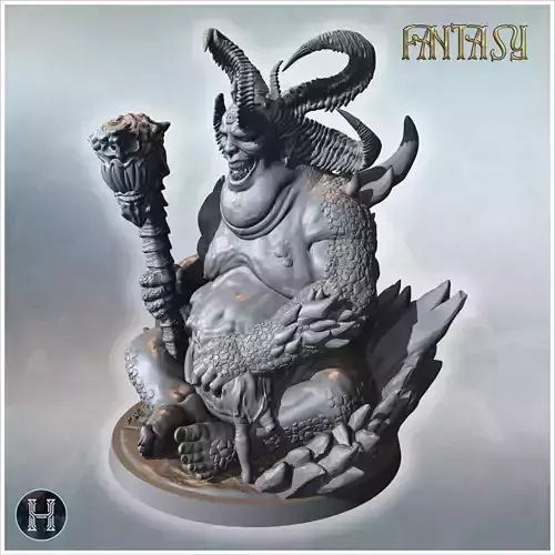 Fat demonic figure seated on a rocky base holding a monstrous st