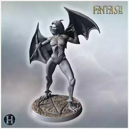 Female demonic figure with wings fangs clawed feet and aggressiv