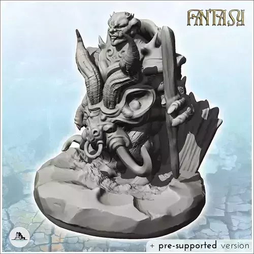 Evil creature with large belly armor with horns and wooden stick