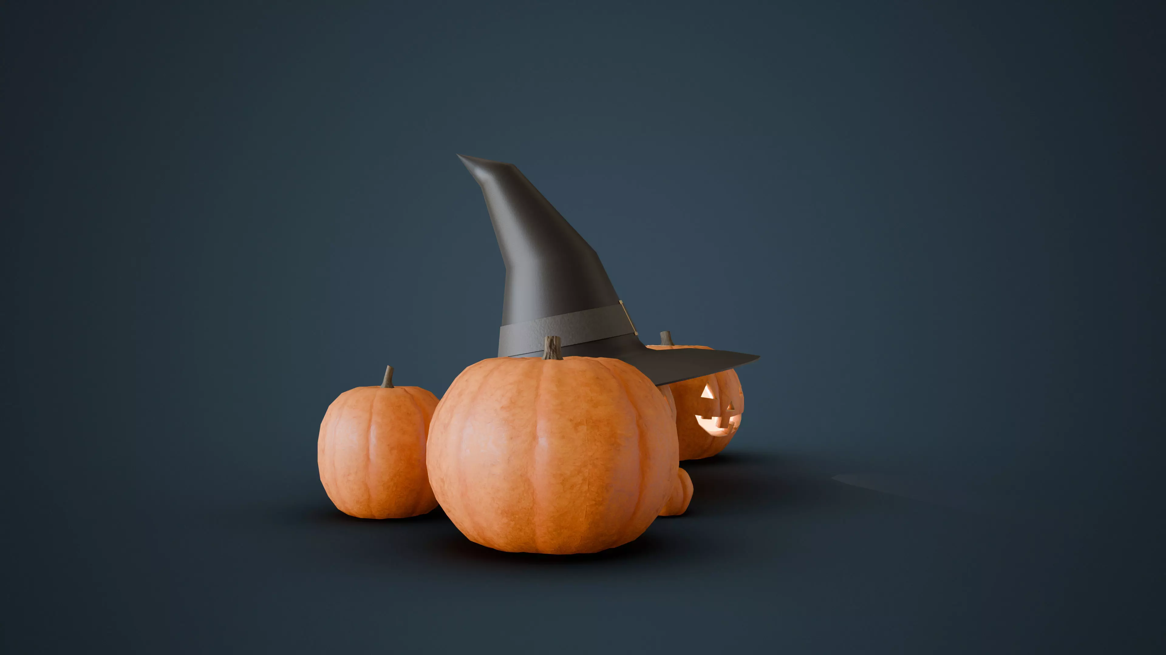 Pumpkins Jack-O-Lantern and Witch Hat Low-poly 3D model_4