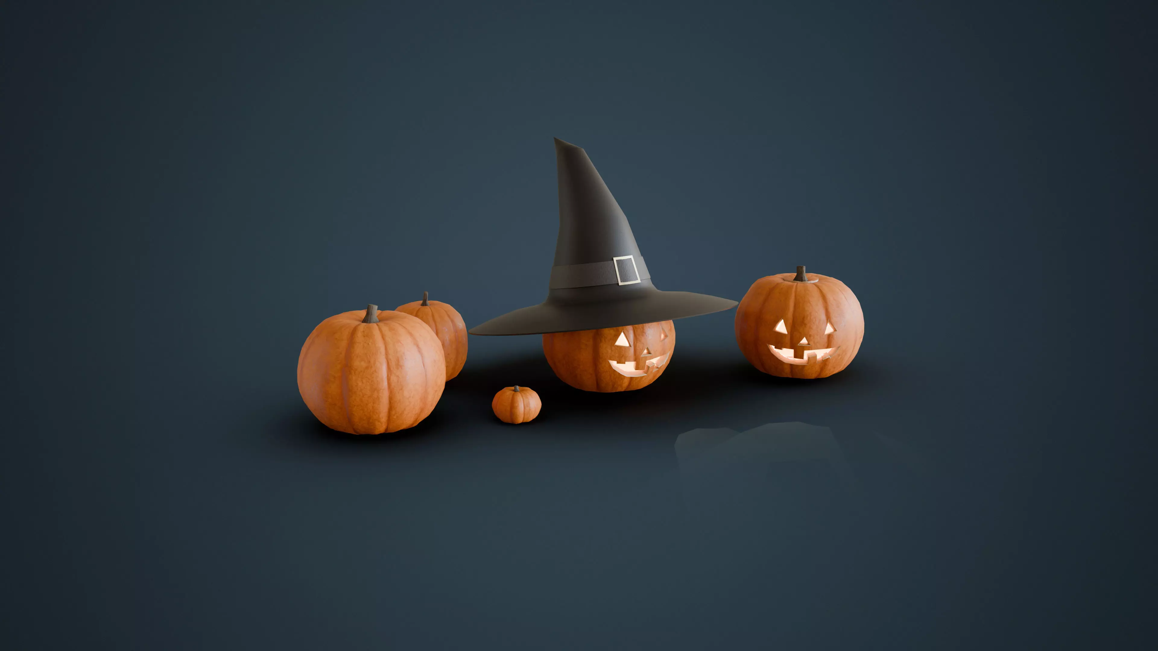 Pumpkins Jack-O-Lantern and Witch Hat Low-poly 3D model_0