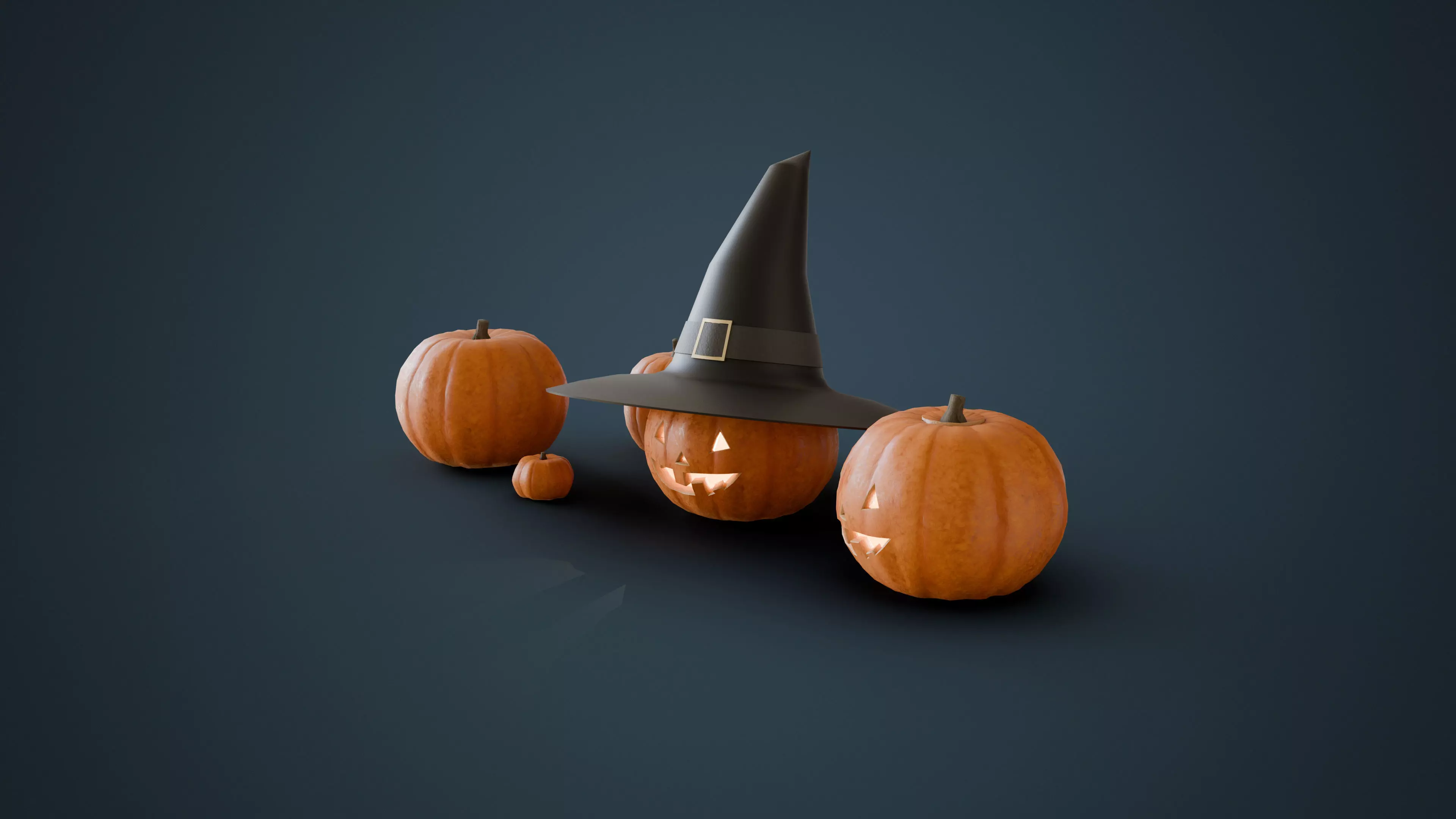 Pumpkins Jack-O-Lantern and Witch Hat Low-poly 3D model_1