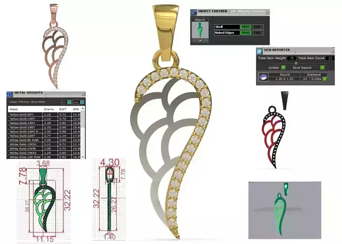 Two tone Angel Wing stl 3dm Pendant with Diamonds jp0358